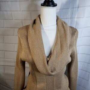 Perfect Metallic Gold Cowl Neck Ribbed Sweater womens PL Petite Large